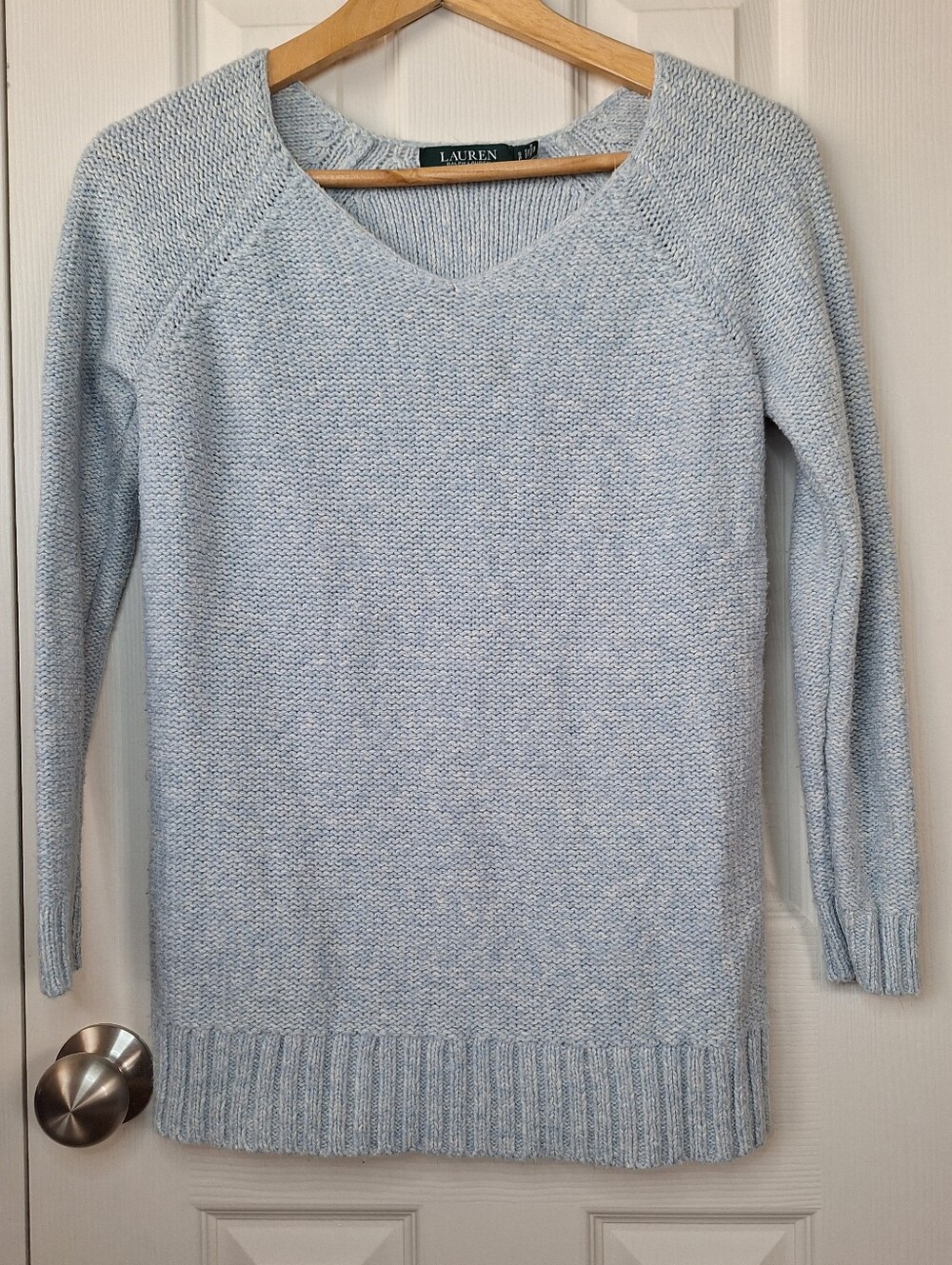 LAUREN RALPH LAUREN Blue & White Knitted V-Neck Pullover Sweater Size SP